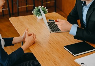 Job interview concept, Businessman listen or question to candidate woman.